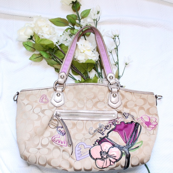 Coach Handbags - Coach Poppy Tan Purple Embellished Tote